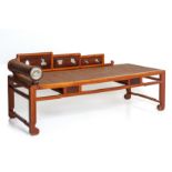 A CHINESE MARBLE-INSET ELM AND RATTAN DAYBED