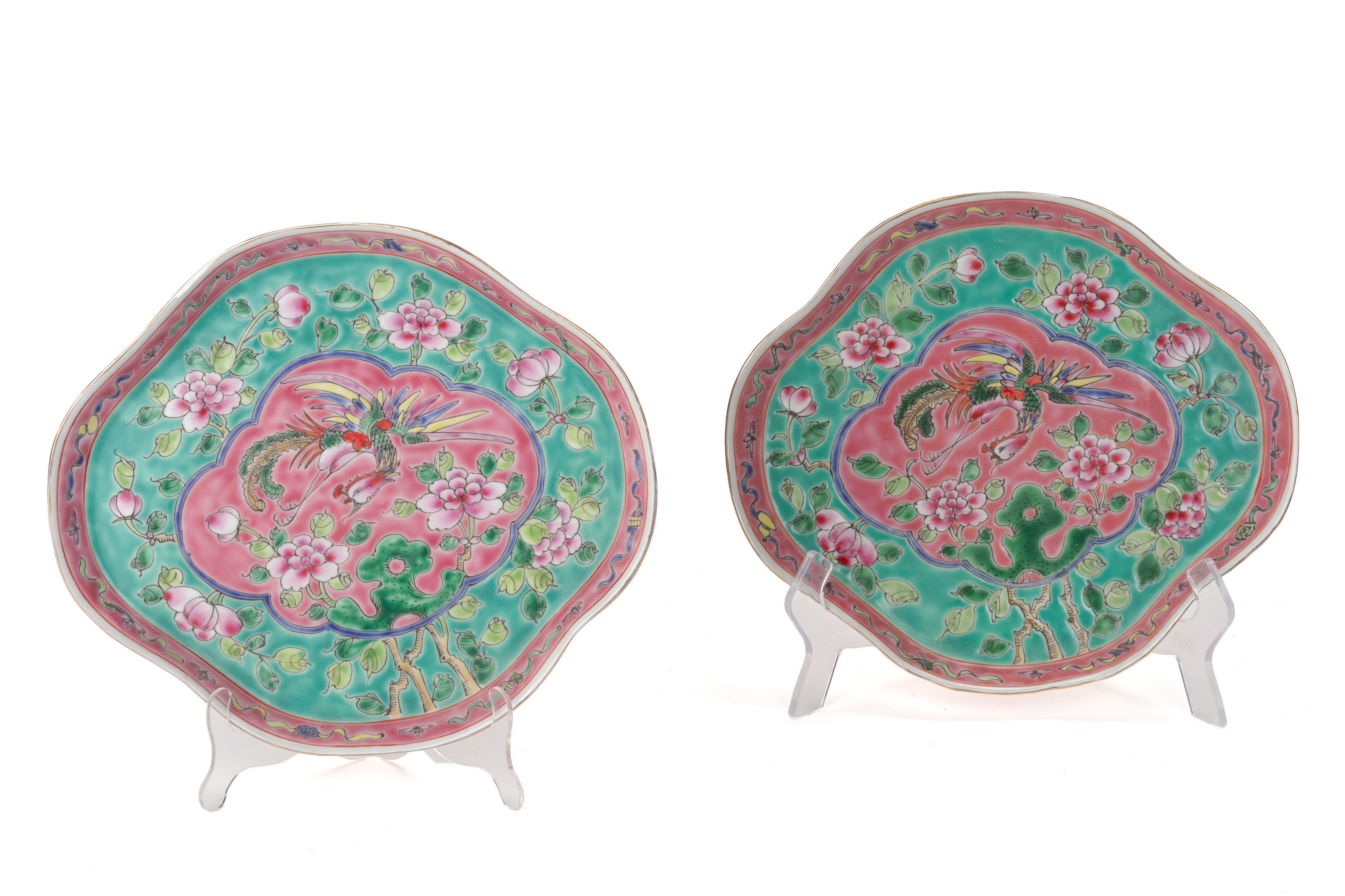 A PAIR OF TURQUOISE GROUND MODERN PERANAKAN STYLE TEA TRAYS