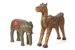 A CARVED WOOD ELEPHANT AND CAMEL