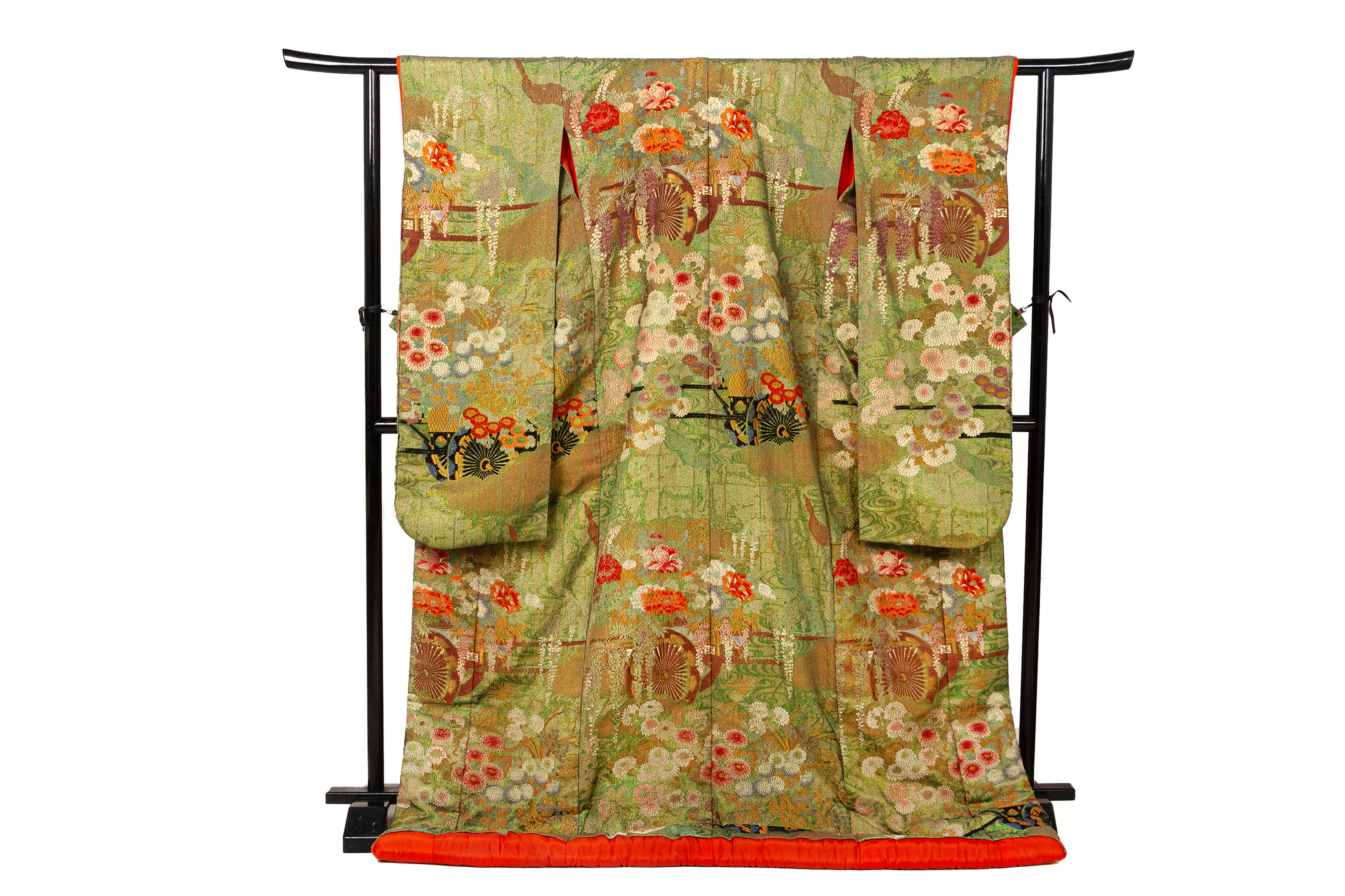 A JAPANESE EMBROIDERED KIMONO AND STAND