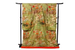 A JAPANESE EMBROIDERED KIMONO AND STAND