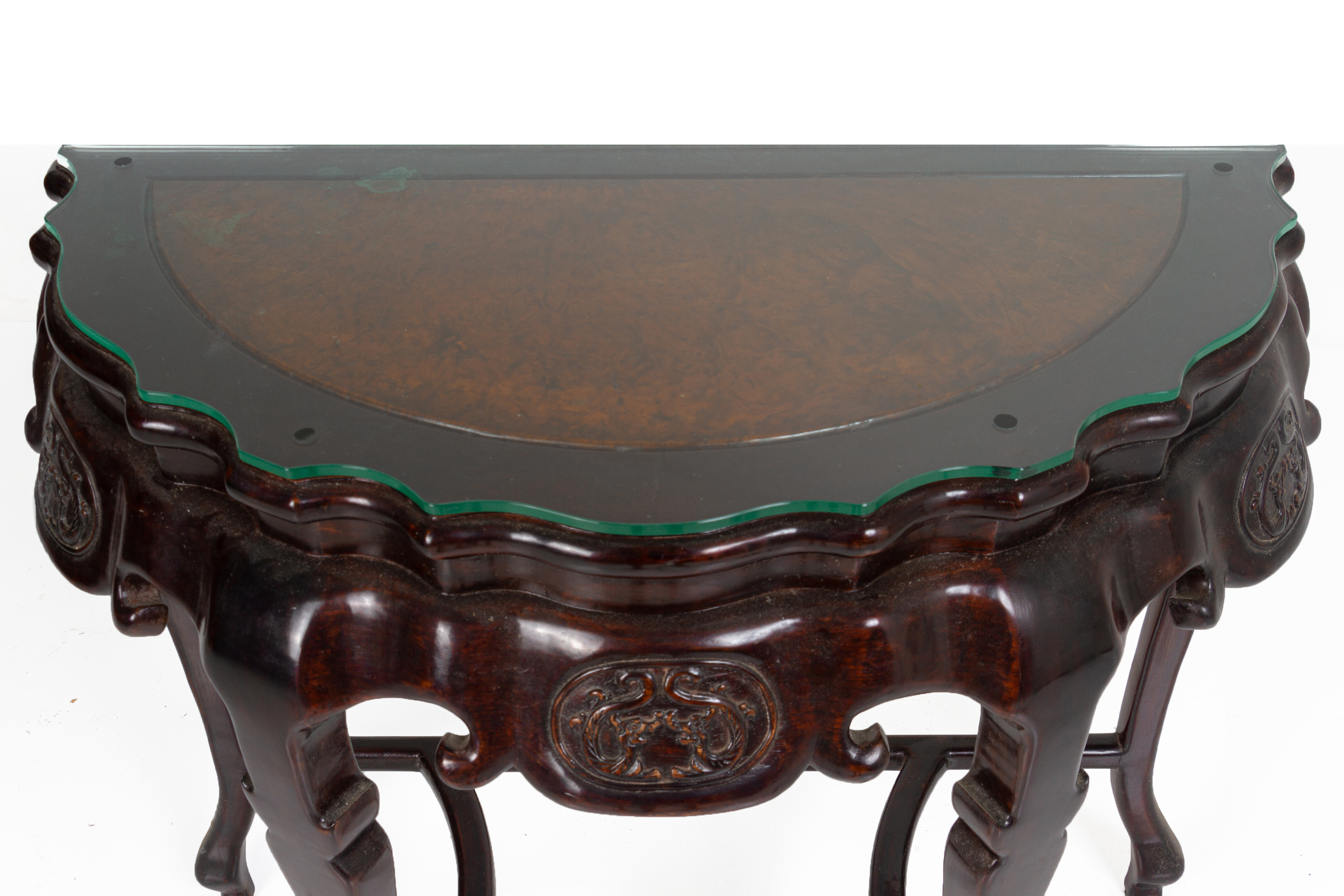 A CARVED WOOD AND BURL WOOD INSET DEMI LUNE SIDE TABLE - Image 5 of 5