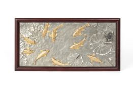 A ROYAL SELANGOR PARCEL GILT PEWTER 'KOI' PLAQUE