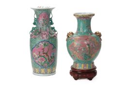 TWO MODERN PERANAKAN STYLE TURQUOISE GROUND VASES