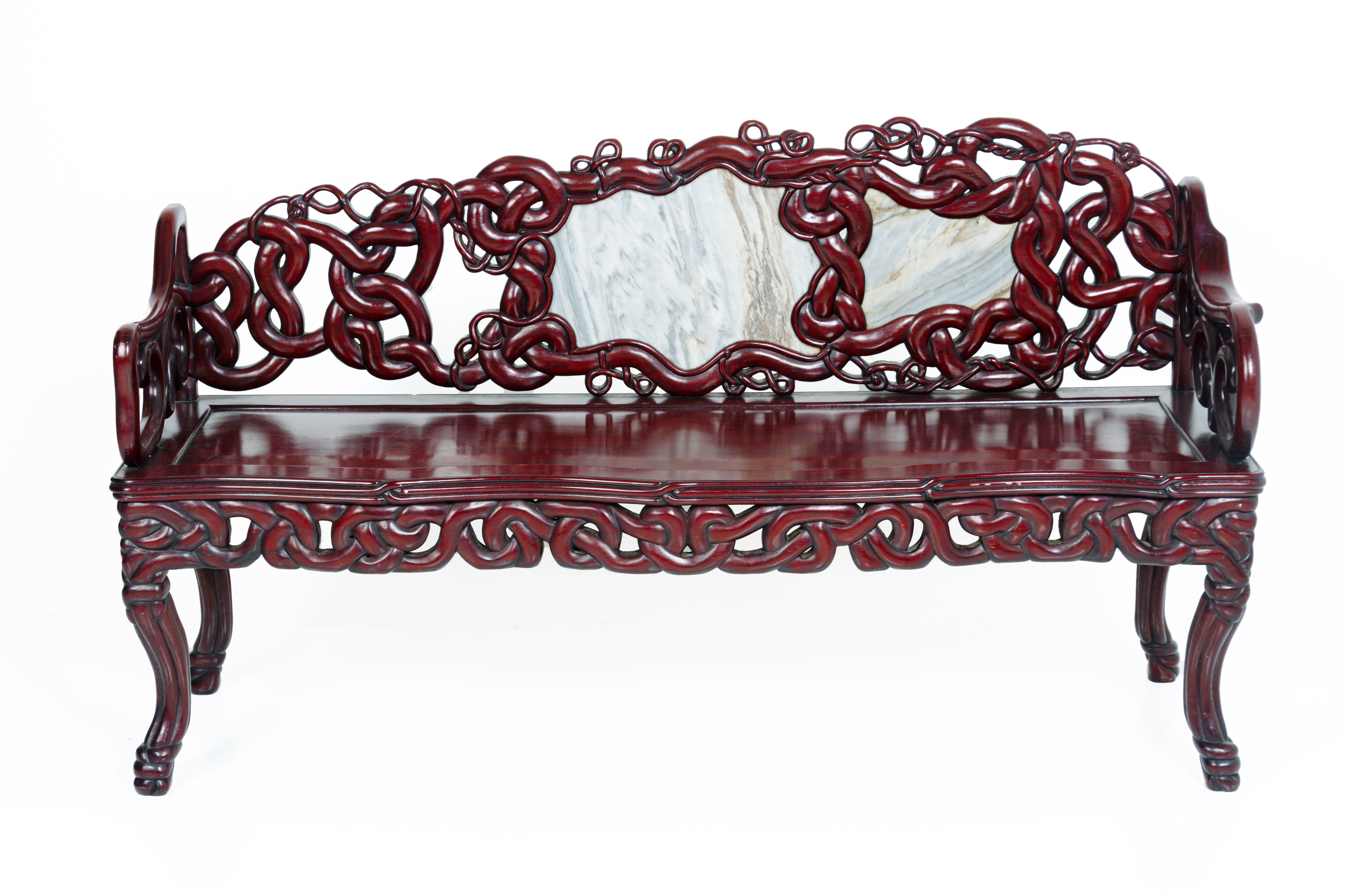 A CHINESE MARBLE INSET CARVED ROSEWOOD SOFA