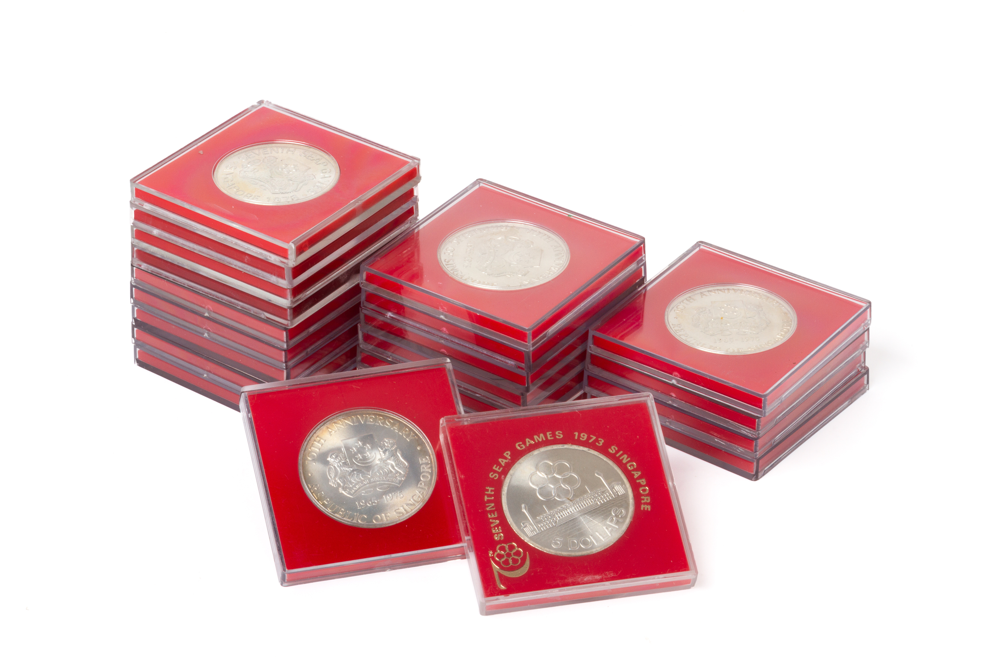 GROUP OF SINGAPORE $10 1975 AND $5 1973 COMMEMORATIVE COINS