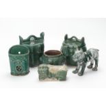 A GROUP OF ORIENTAL GREEN GLAZED POTTERY ITEMS
