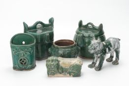 A GROUP OF ORIENTAL GREEN GLAZED POTTERY ITEMS