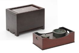 A JAPANESE SAKE WARMER AND A ROSEWOOD BOX