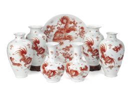 A GROUP OF NINE IRON RED PORCELAIN ITEMS