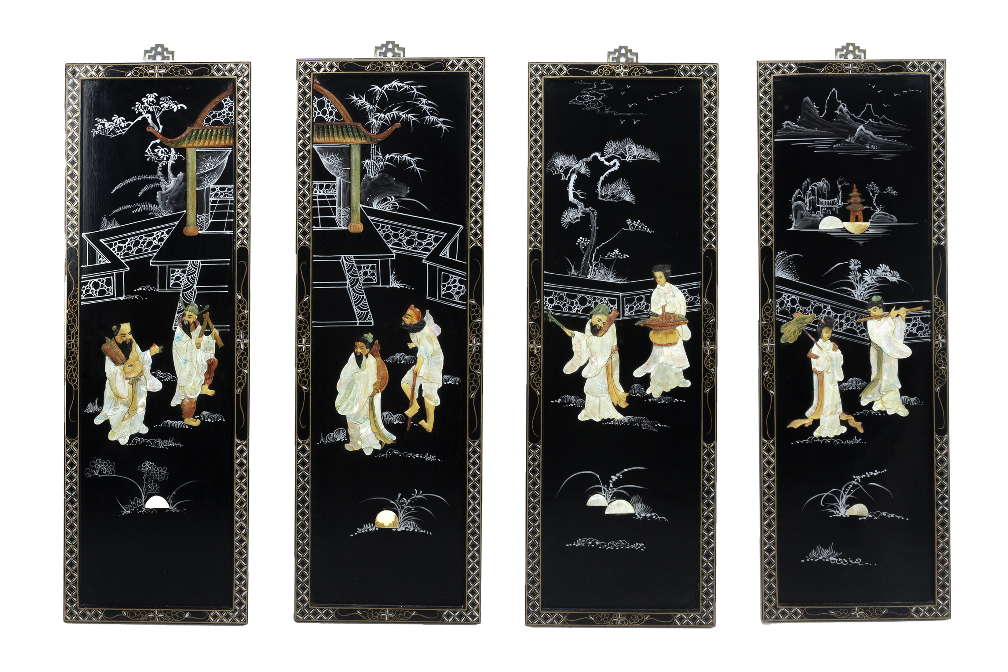 A SET OF FOUR LACQUER WALL PANELS