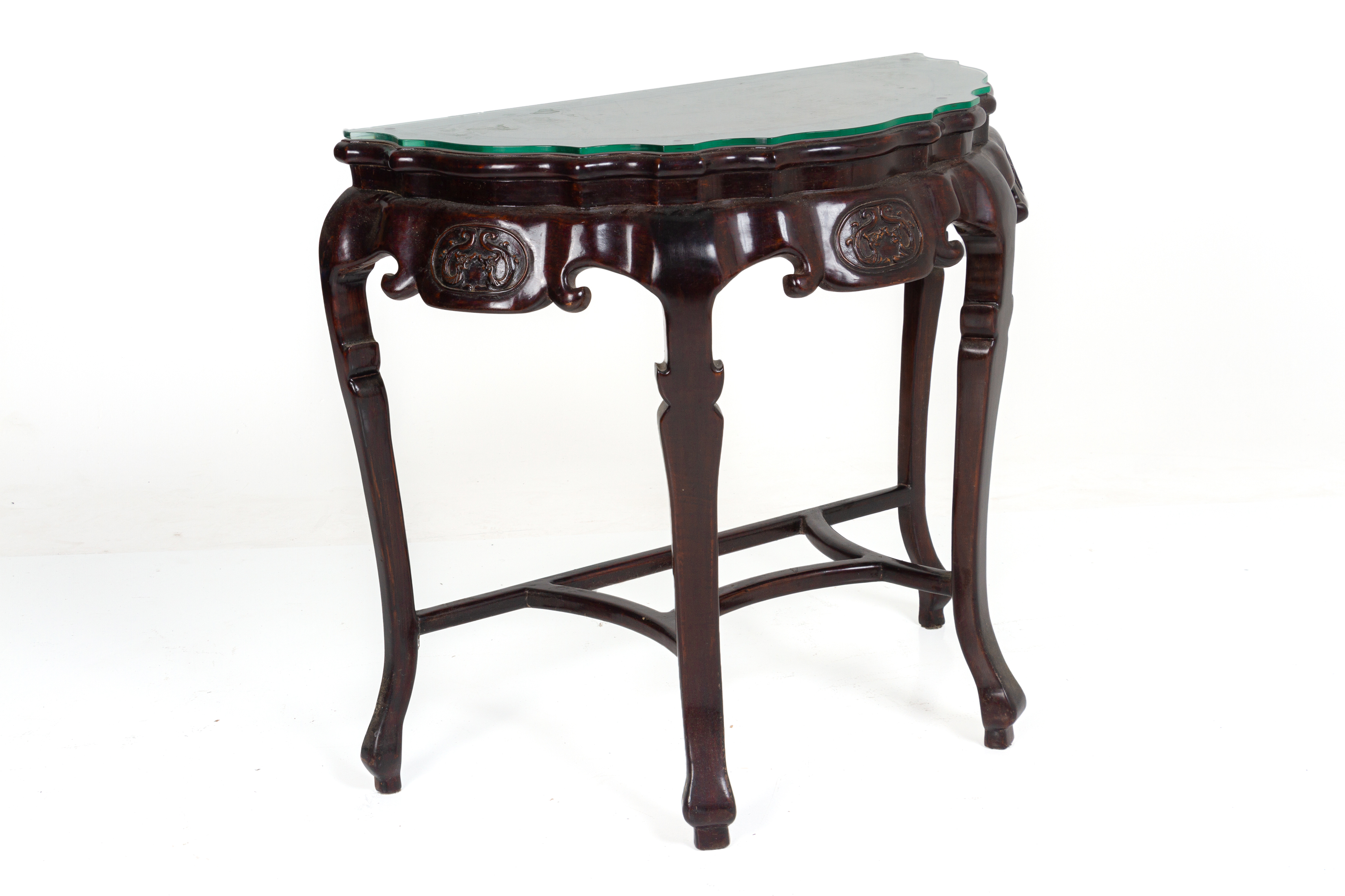 A CARVED WOOD AND BURL WOOD INSET DEMI LUNE SIDE TABLE - Image 4 of 5