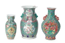 THREE MODERN PERANAKAN STYLE TURQUOISE GROUND VASES