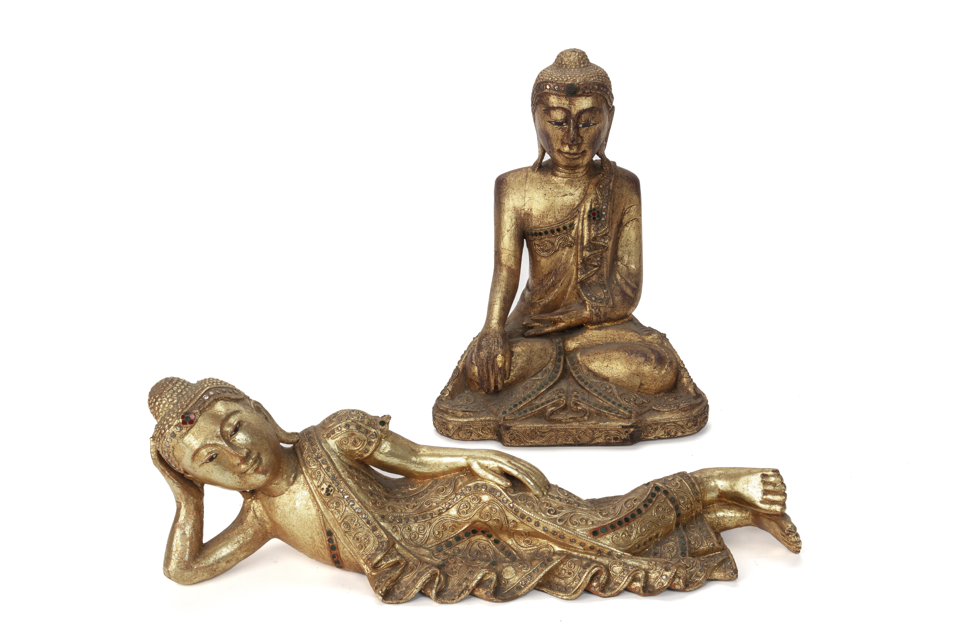 TWO SOUTHEAST ASIAN CARVED GILT WOOD BUDDHAS