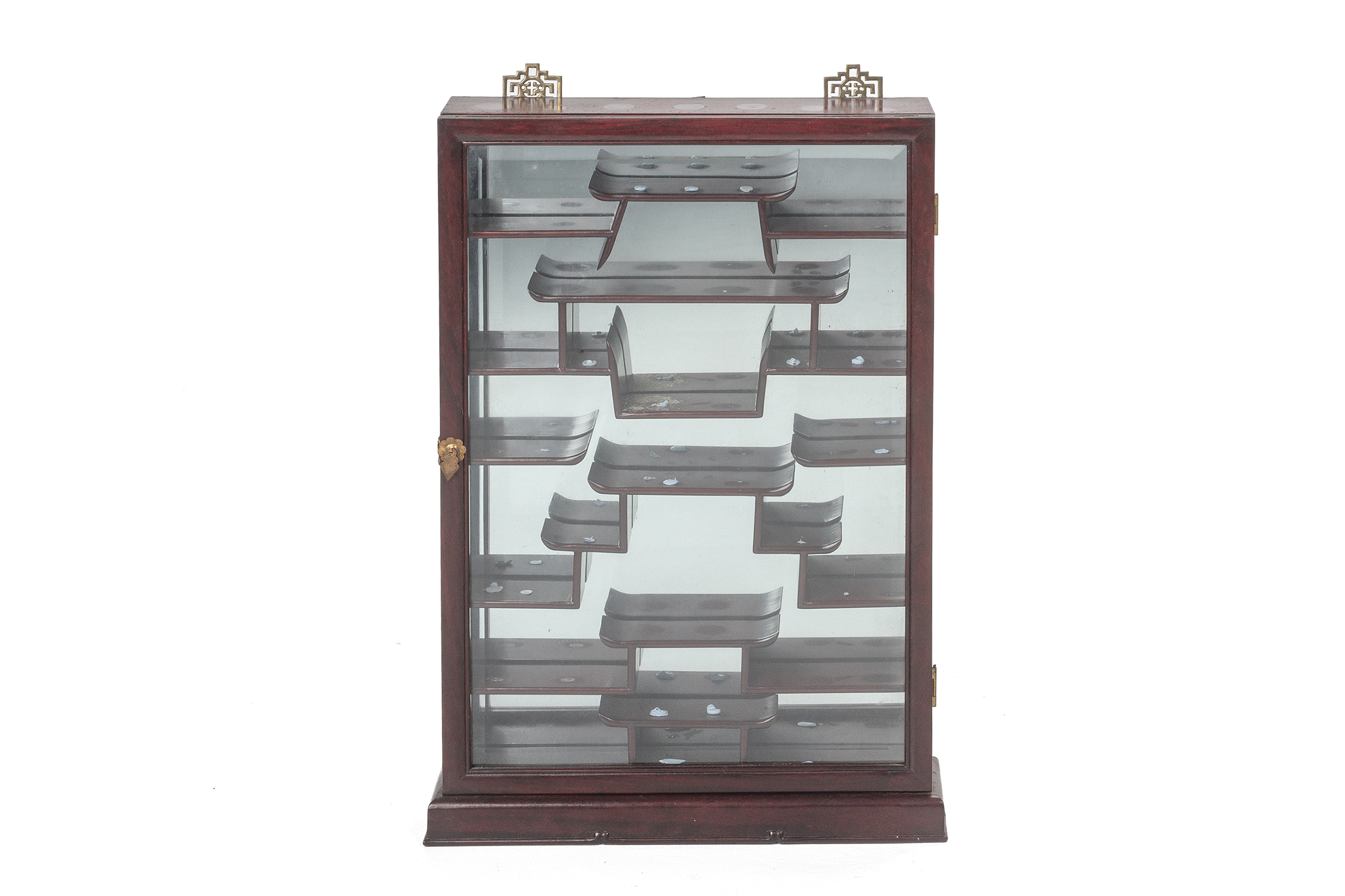 A CHINESE HARDWOOD GLAZED WALL MOUNTED DISPLAY CABINET