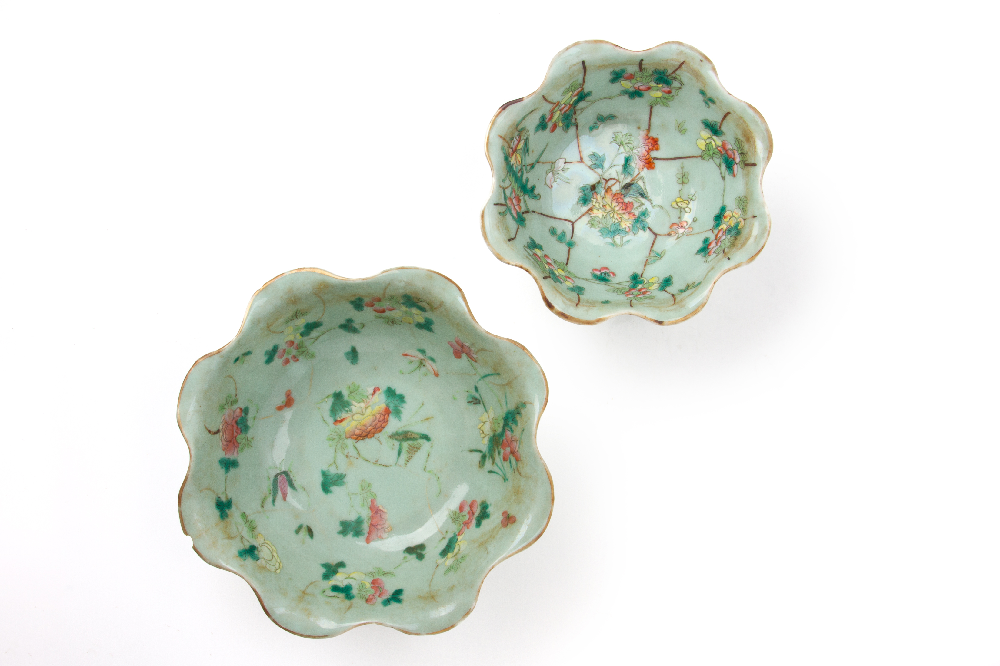 TWO CELADON GROUND FAMILLE ROSE OFFERING BOWLS - Image 2 of 3