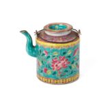 A TURQUOISE GROUND FAMILLE ROSE TEAPOT