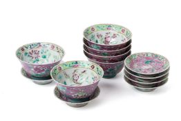 A SET OF SIX OF PINK GROUND 'IN-AND-OUT' TEA BOWLS & STANDS