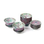 A SET OF SIX OF PINK GROUND 'IN-AND-OUT' TEA BOWLS & STANDS