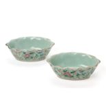 A PAIR OF OVAL CELADON GROUND FAMILLE ROSE OFFERING BOWLS
