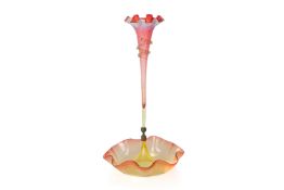 A CRANBERRY AND GREEN VASELINE GLASS EPERGNE