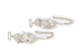 A PAIR OF SILVER WEDDING BED CURTAIN HOOKS