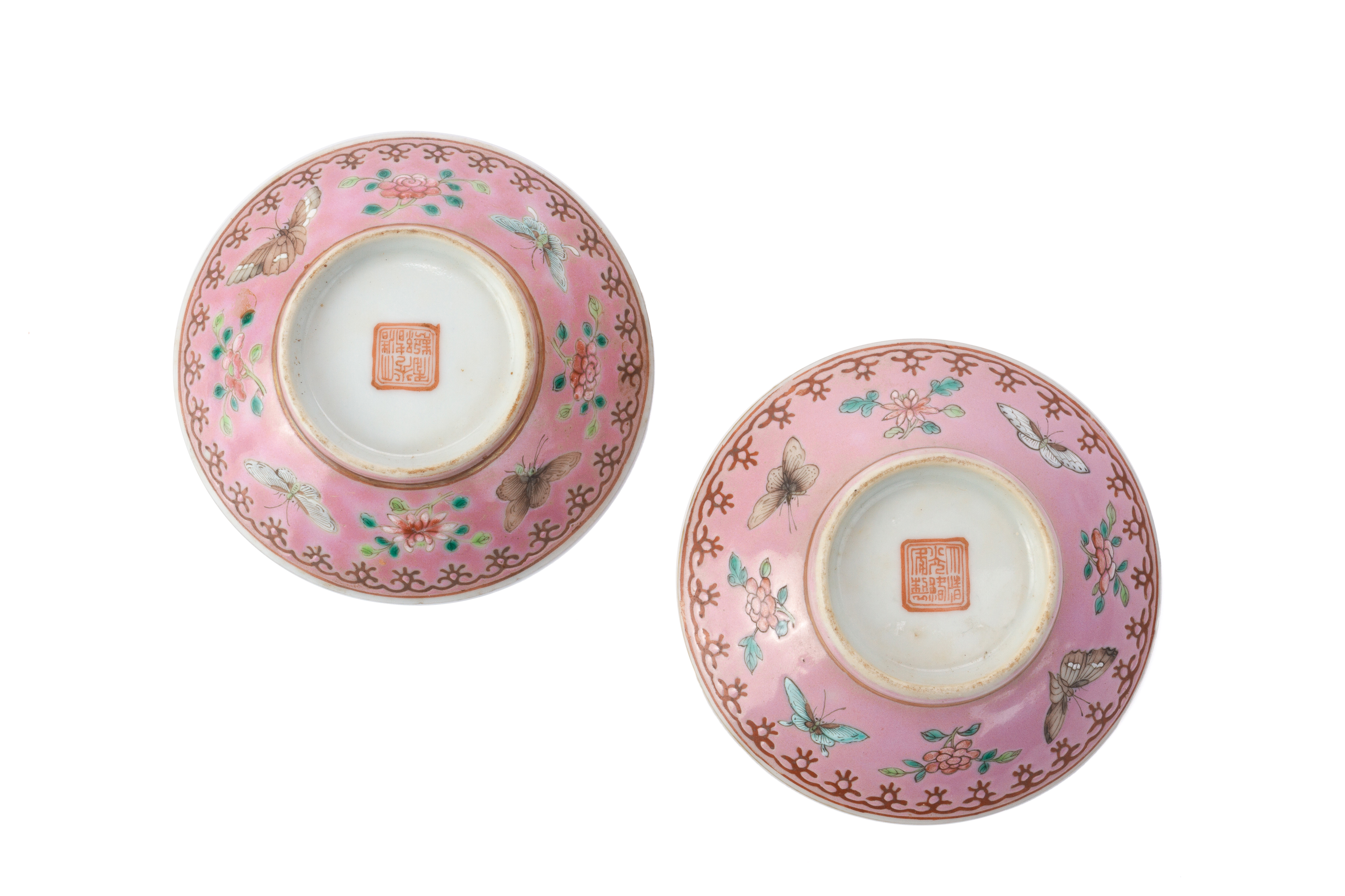 A PAIR OF SMALL PINK GROUND 'BUTTERFLY' SAUCE DISHES - Image 3 of 6