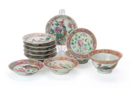 A GROUP OF FAMILLE ROSE PHOENIX AND PEONY DISHES AND A BOWL