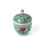 A SMALL TURQUOISE GROUND FAMILLE ROSE COSMETIC POT