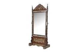 A LARGE MOTHER OF PEARL INLAID HARDWOOD CHEVAL MIRROR