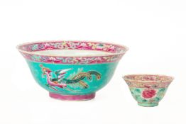 A TURQUOISE GROUND FAMILLE ROSE BOWL AND TEA BOWL