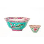 A TURQUOISE GROUND FAMILLE ROSE BOWL AND TEA BOWL