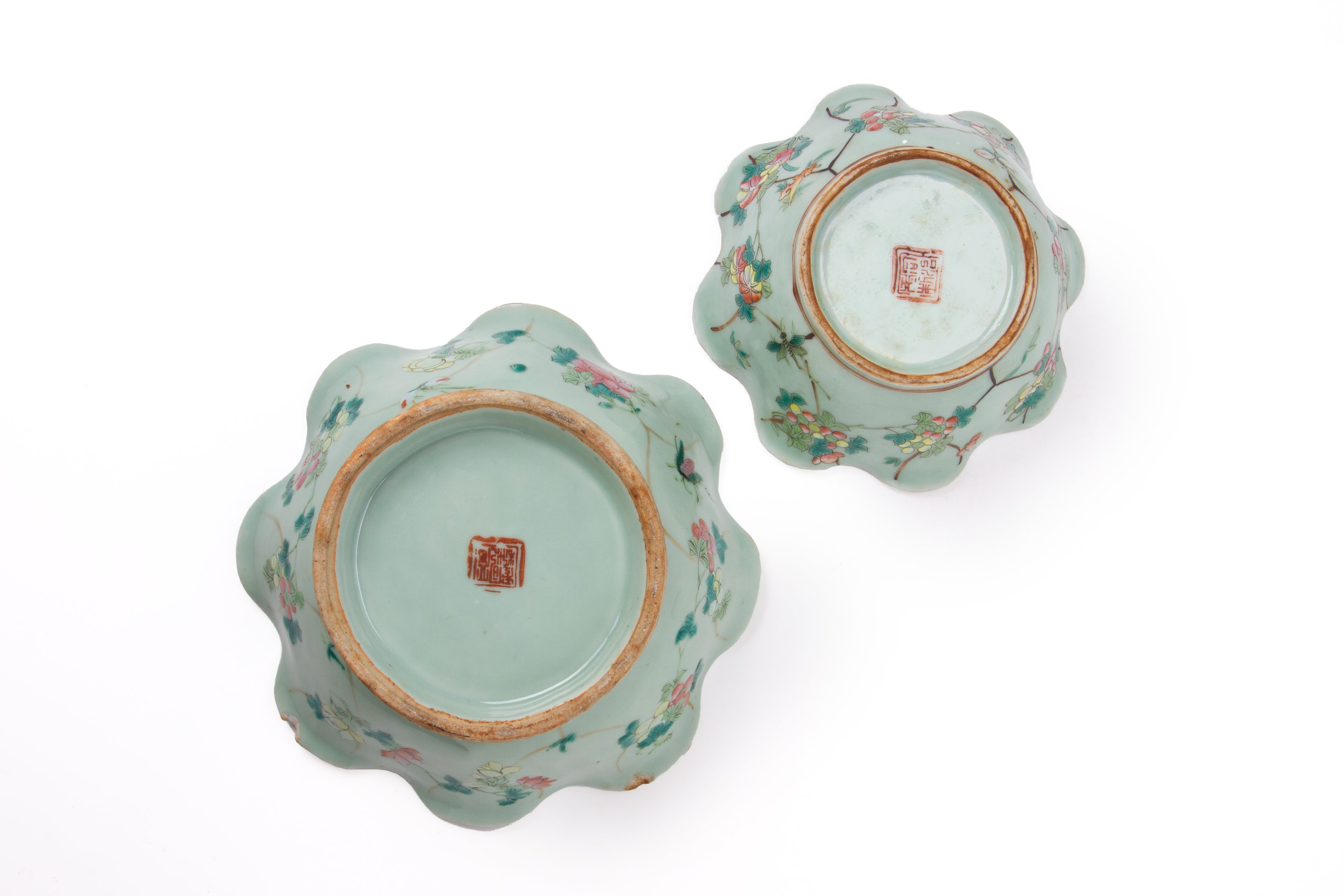 TWO CELADON GROUND FAMILLE ROSE OFFERING BOWLS - Image 3 of 3