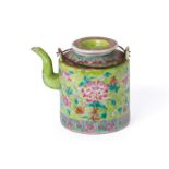 A LIME GREEN GROUND FAMILLE ROSE TEAPOT