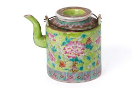 A LIME GREEN GROUND FAMILLE ROSE TEAPOT