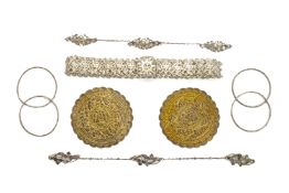 A GROUP OF ACCESSORIES AND A PAIR OF GILT BOLSTER ENDS
