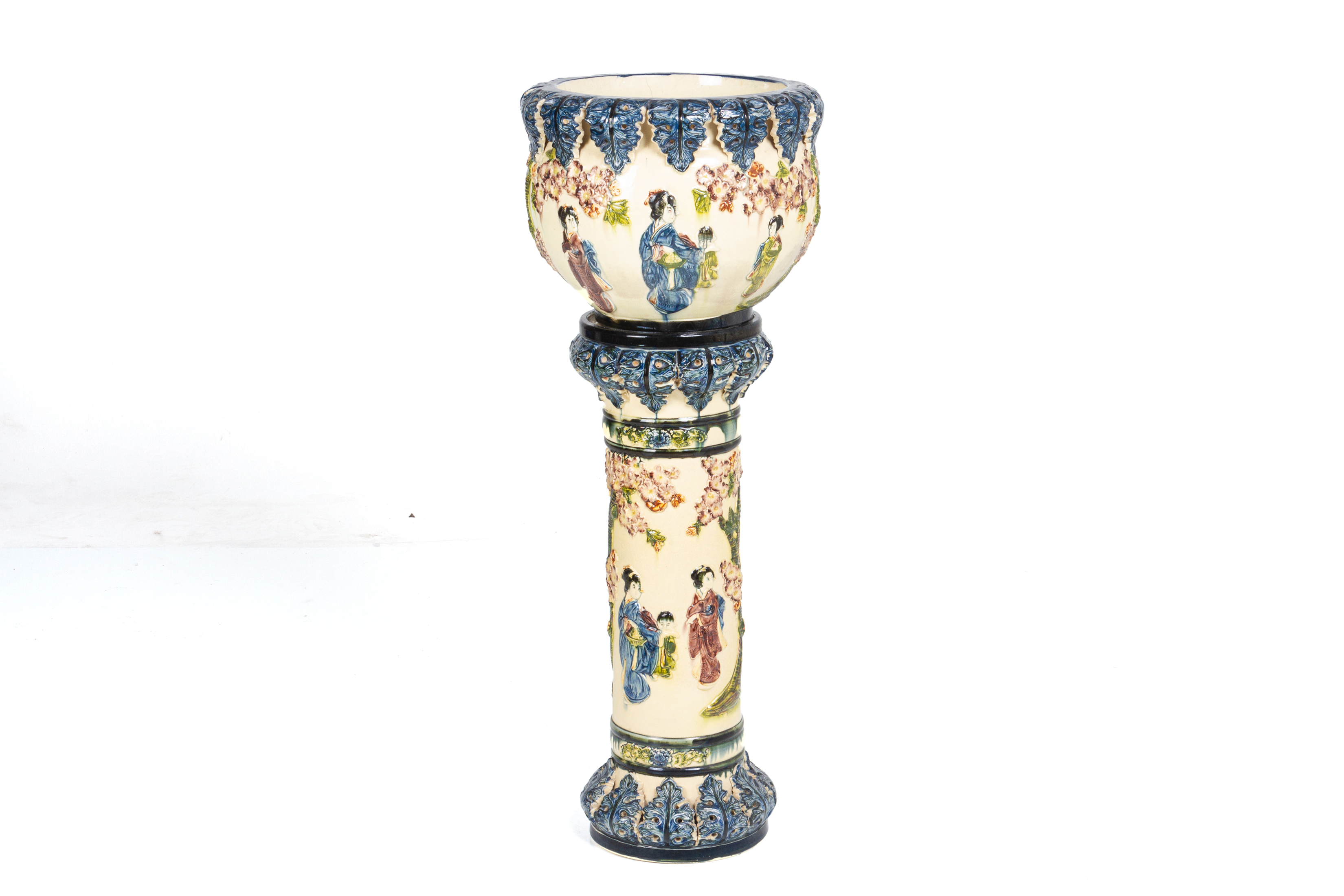 A JAPANESE POTTERY JARDINIERE ON STAND