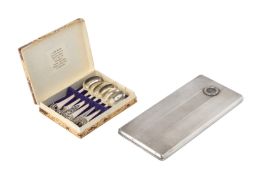 AN ENGLISH SILVER CIGARETTE CASE & SET OF THAI COFFEE SPOONS