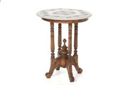 A TEAK OCCASIONAL TABLE WITH INLAID MARBLE TOP