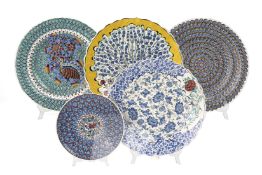 A GROUP OF FIVE MODERN TURKISH POTTERY CHARGERS