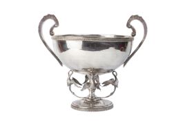 A VERY LARGE TWIN HANDLED SILVER PEDESTAL BOWL