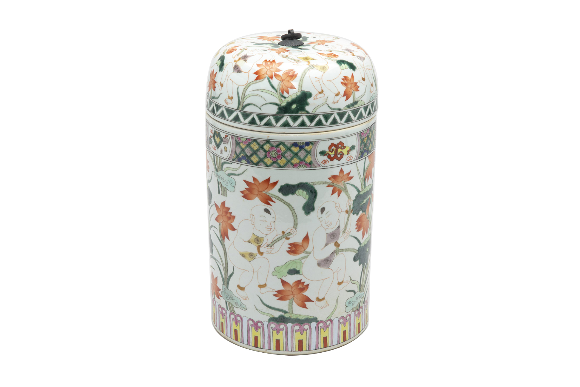 A CYLINDRICAL PORCELAIN VASE AND COVER