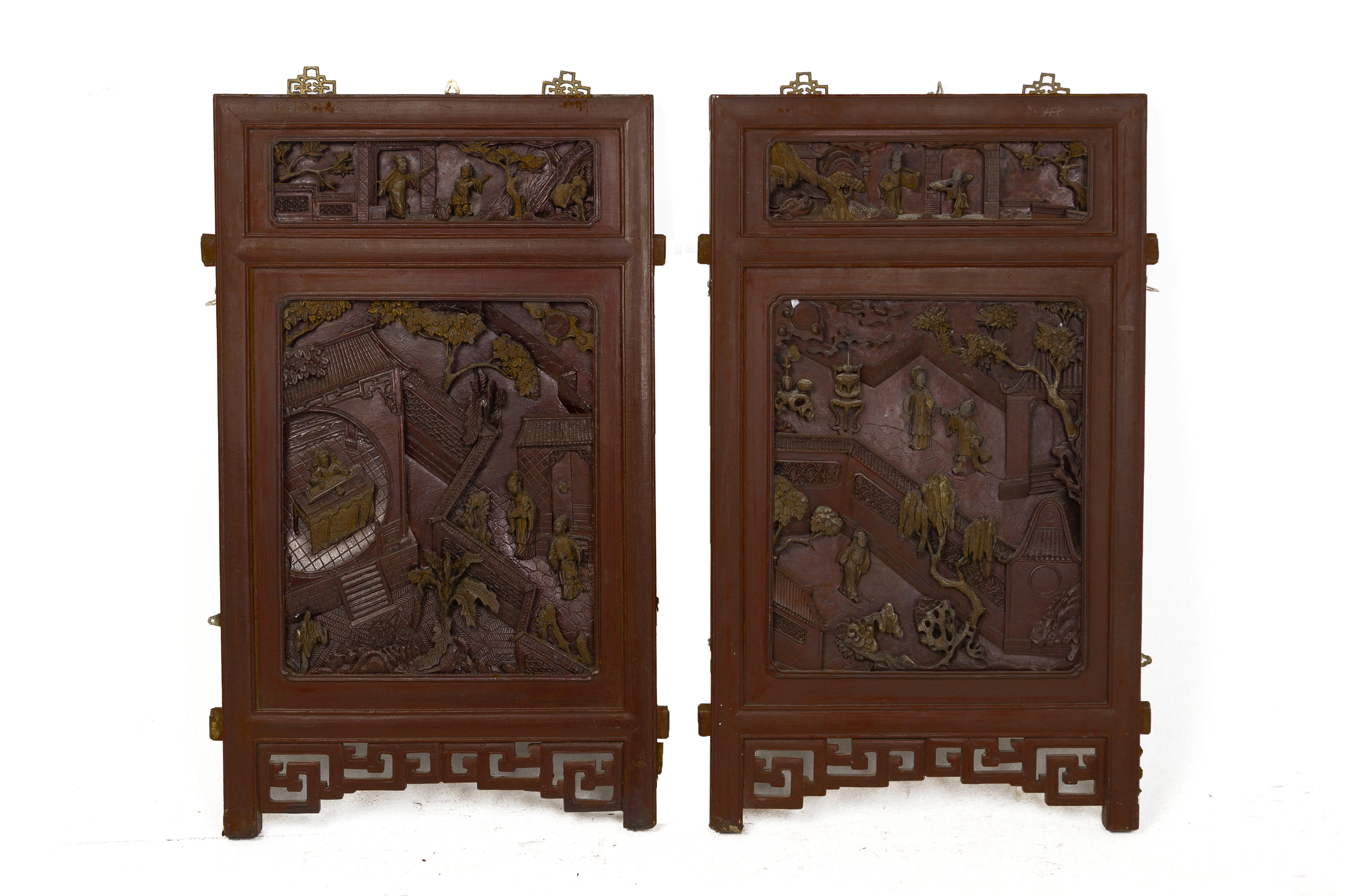 A PAIR OF CHINESE CARVED AND LACQUERED PANELS