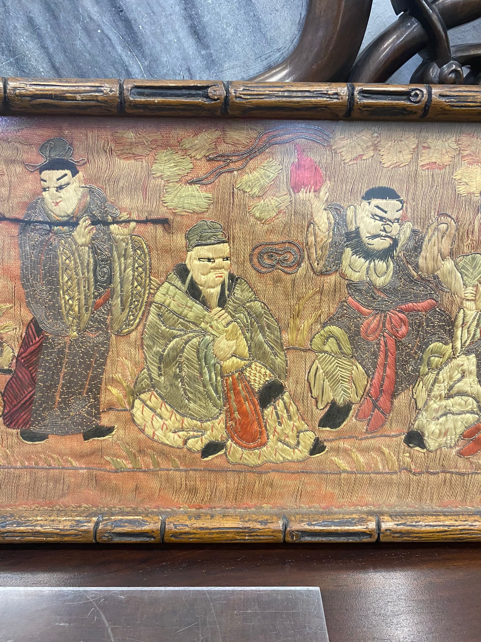 A CHINESE EMBROIDERED SILK EIGHT IMMORTALS PANEL - Image 5 of 8