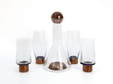 A TOM DIXON GLASS DECANTER AND GLASSES