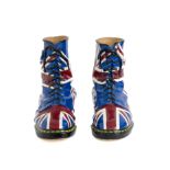 A PAIR OF UNION JACK PAINTED CERAMIC DR. MARTIN BOOTS