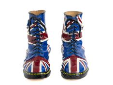 A PAIR OF UNION JACK PAINTED CERAMIC DR. MARTIN BOOTS
