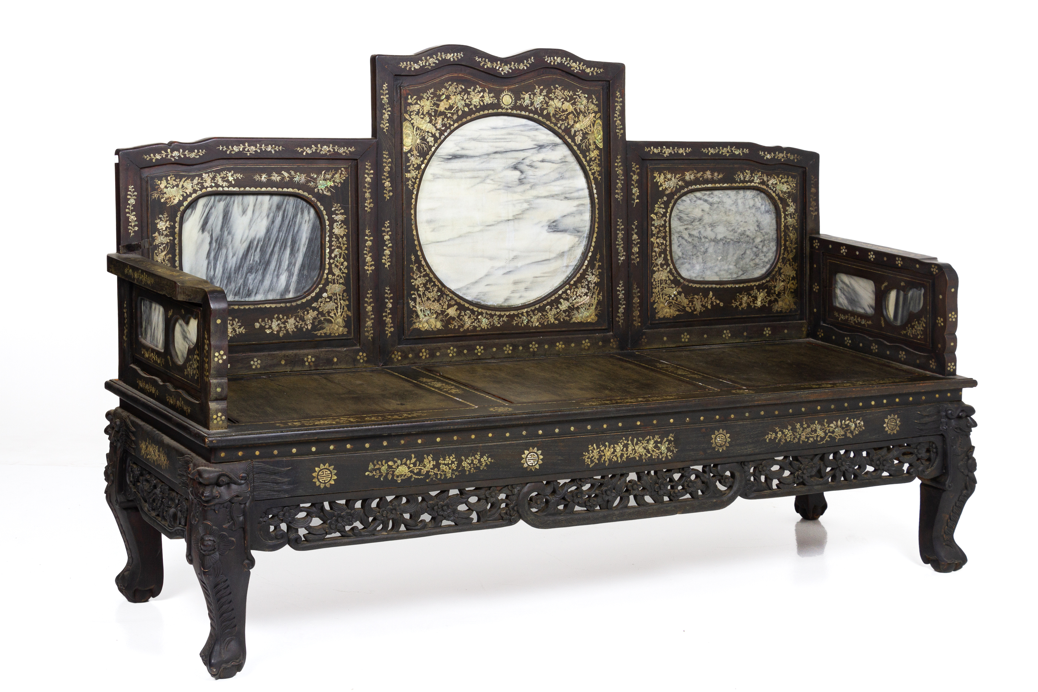 A MOTHER OF PEARL INLAID & MARBLE INSET THREE SEATER SETTEE - Image 2 of 5