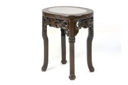 A MARBLE INSET AND INLAID HARDWOOD STOOL