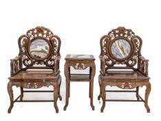 A PAIR OF MARBLE INSET CARVED HARDWOOD ARMCHAIRS AND TABLE